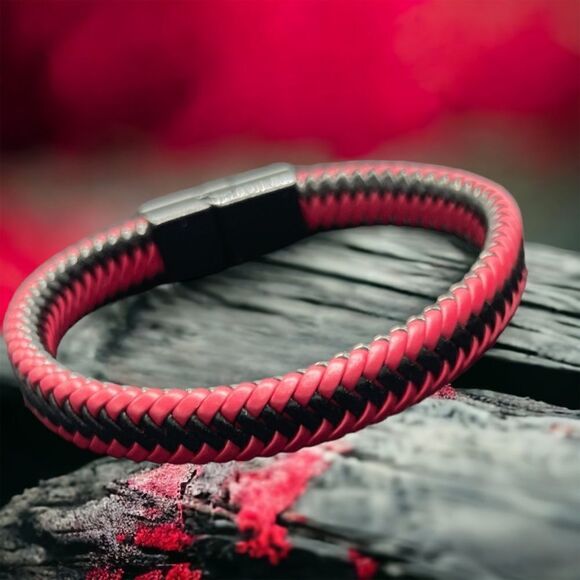 Men’s Braided Leather Bracelet l Magnetic Closure l Red/Black & Black l New - Picture 1 of 6